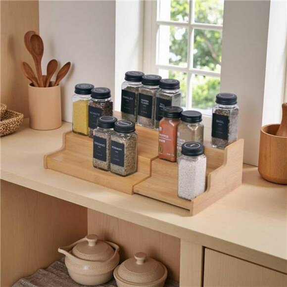adjustable bamboo spice rack organizer 3 tier kitchen cabinet pantry shelf stora - Picture 2 of 8